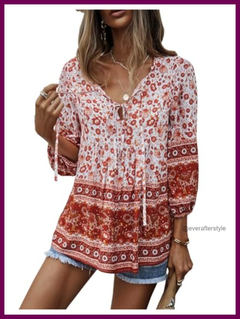KAYWIDE Floral V Neck Flowy Boho Top Peasant Blouse